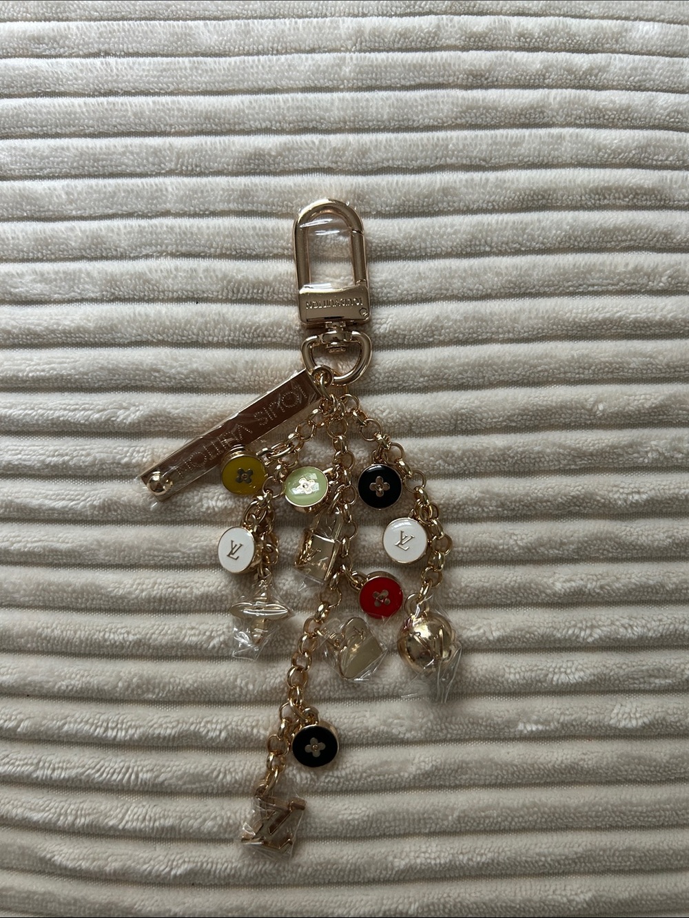 079. Gold-Tone Multicolor Enamel Upcycled & Charm 6” Key Chain or Bag Charm.